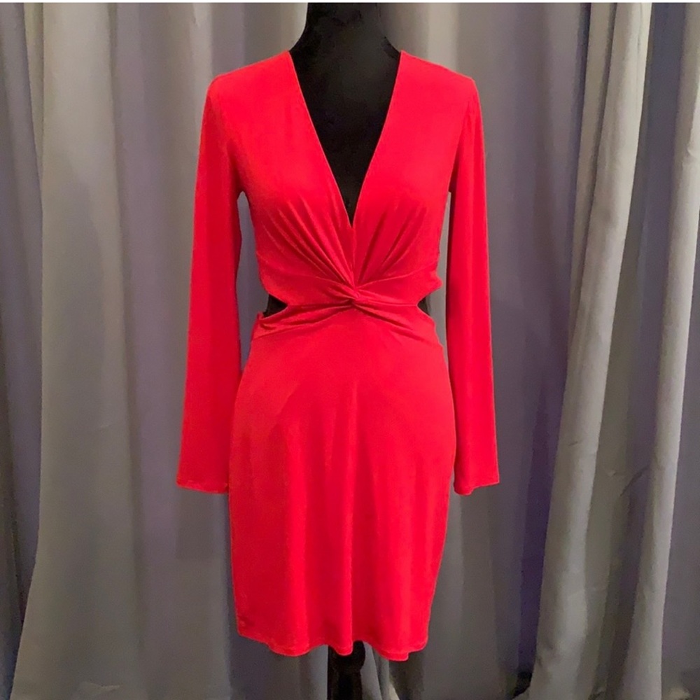 Holiday Party Express Red Long sleeve side cut out mini cocktail dress SZ med